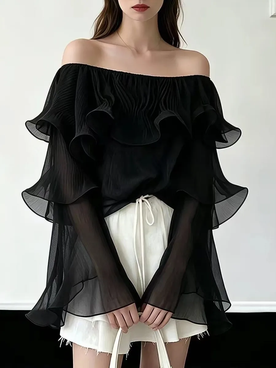 Black Cake Style Shoulder Bared Blouse Women's Autumn 2026 New Art Series Meat Concealing Top Long Sleeve 