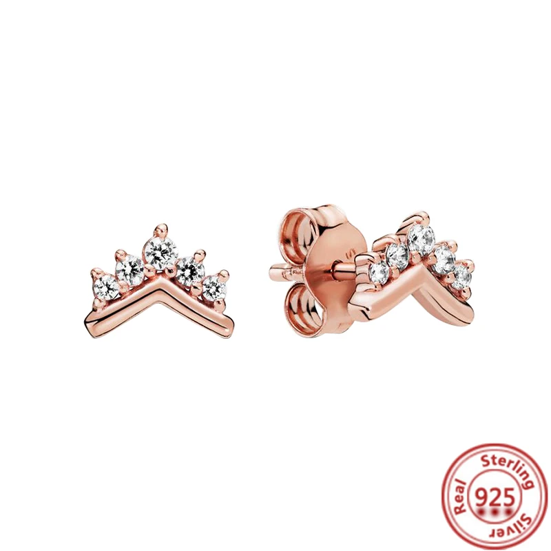 2024 New Rose Gold Style Fan Heart Crown Pavé Sparkling Earrings Fit Original Brand Charms Women DIY Fashion 925 Silver Jewelry