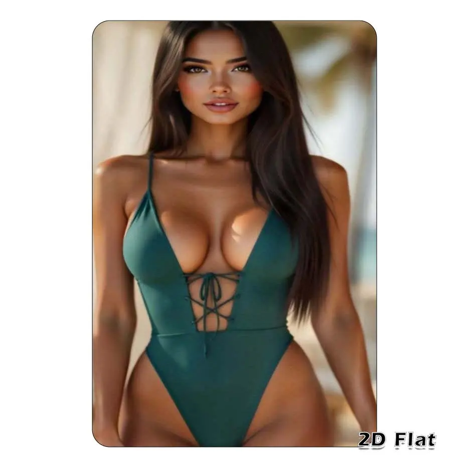 Vintage 2D Metal Tin Sign - Elegant Brunette in Dark Green Lace-Up One-Piece Swimsuit Wall Decor, Awesome Gift for Room, Home