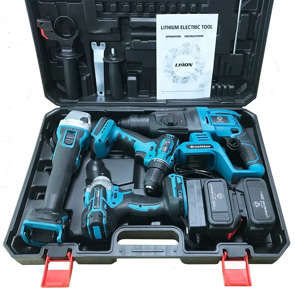 Cordless Tool Combo Set 4pcs in 1 Impact Wrench Angle grinder Hammer Drill Power Tool Set Combo Kit