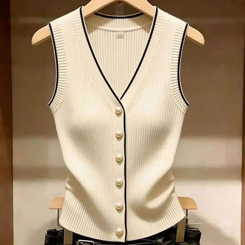 Women Striped Knit Vest V Neck Pearl Button Sleeveless Plus Size Casual All Match Top