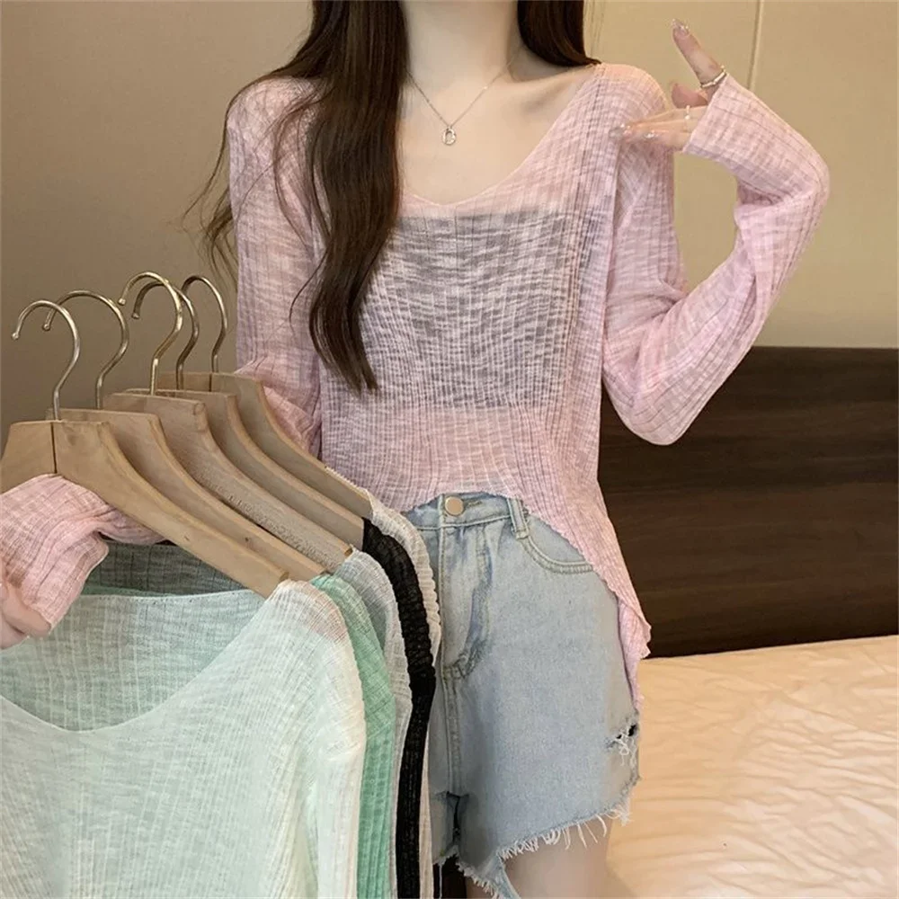 

Весна-лето, полые женские короткие рубашки, новинка 2025 года, пляжные трикотажные топы с v-образным вырезом и длинными рукавами, женские свободные тонкие трикотажные пуловеры, футболка