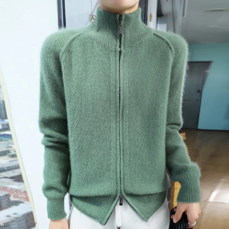 2024 autumn and winter hooded cardigan women\'s cashmere cardigan knitted cardigan top loose sweater zipper cardigan top