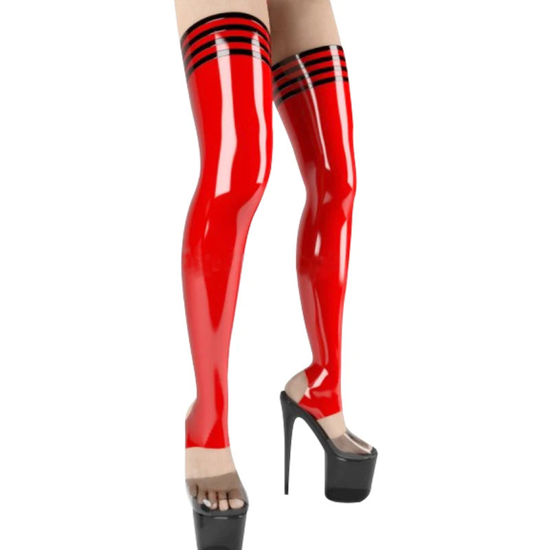 

Red And Black Trims On Top Sexy Long Latex Rubber Thigh High Stockings Open Feet WZ-0094