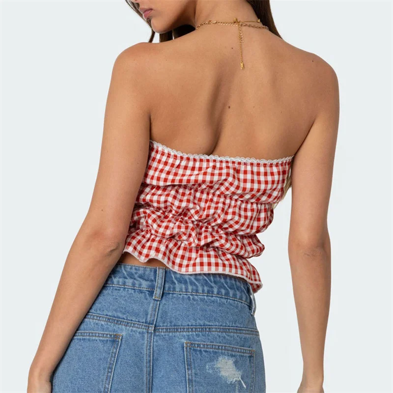 Vrouwen Rode Gingham Patroon Tube Tops Kant Voorkant Vastbinden Strapless Open Rug Crop Tops Y 2K Bandeau Slim Fit Cropped Tanks