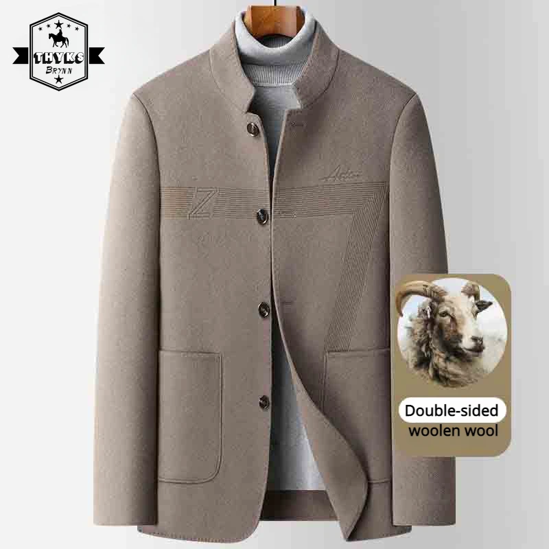 Men's Hand Sewn Double-sided Woolen Coat High Quality Luxury Business Simple Blazer Male Casual Retro Solid Stand Collar Jacket