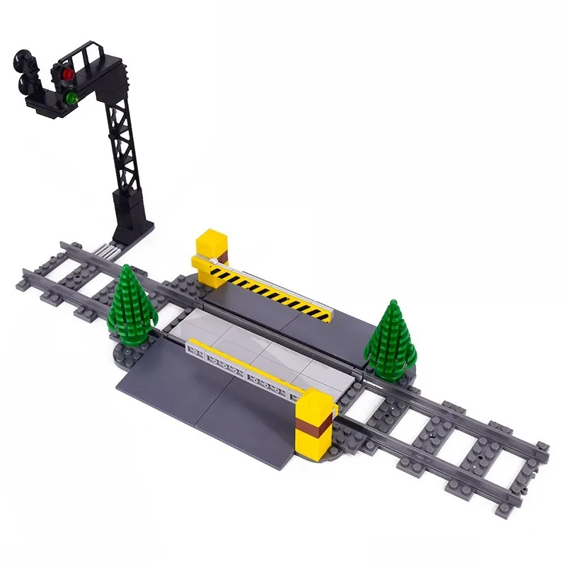 MOC Urban Transportation Railway Crosswalk Tracks Traffic Lights Bus Shelter Command Center Model Building Block Toy Accessories