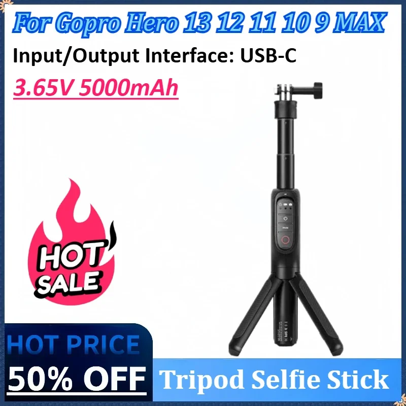 

3.65V 5000mAh High Quality Power Bank 360° Rotation Charging Selfie Stick Remote Control Tripod for Gopro Hero 13 12 11 10 9 MAX