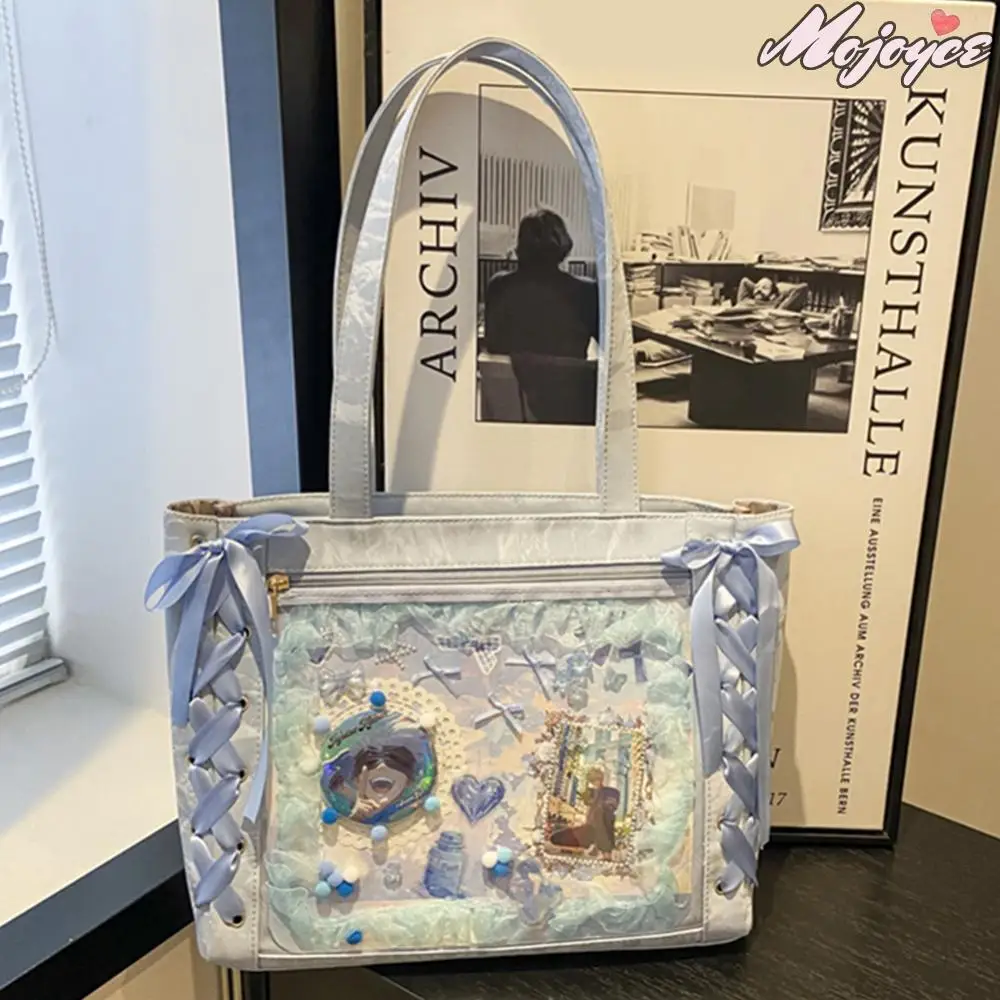 

Women PU Leather Y2K Shoulder Bag Transparent JK Cosplay Handbags Ribbon Bow Uniform Underarm Pouch Large Capacity Hobo Bags