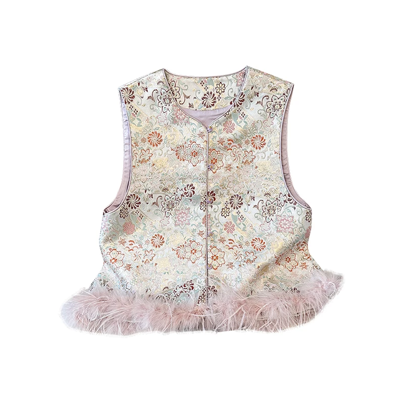 New Chinese Style National Trend Satin Surface Embroidery round Neck Button off Removable Ostrich Feather Vest Top Women's Fa... view 5