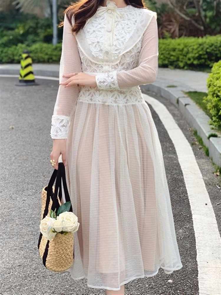 Luxury Lace Dresses Women Fall Woman High Waist Long Sleeve Boho Party 2023 A-Line Elegant Solid Dress Runway Spring Embroidery