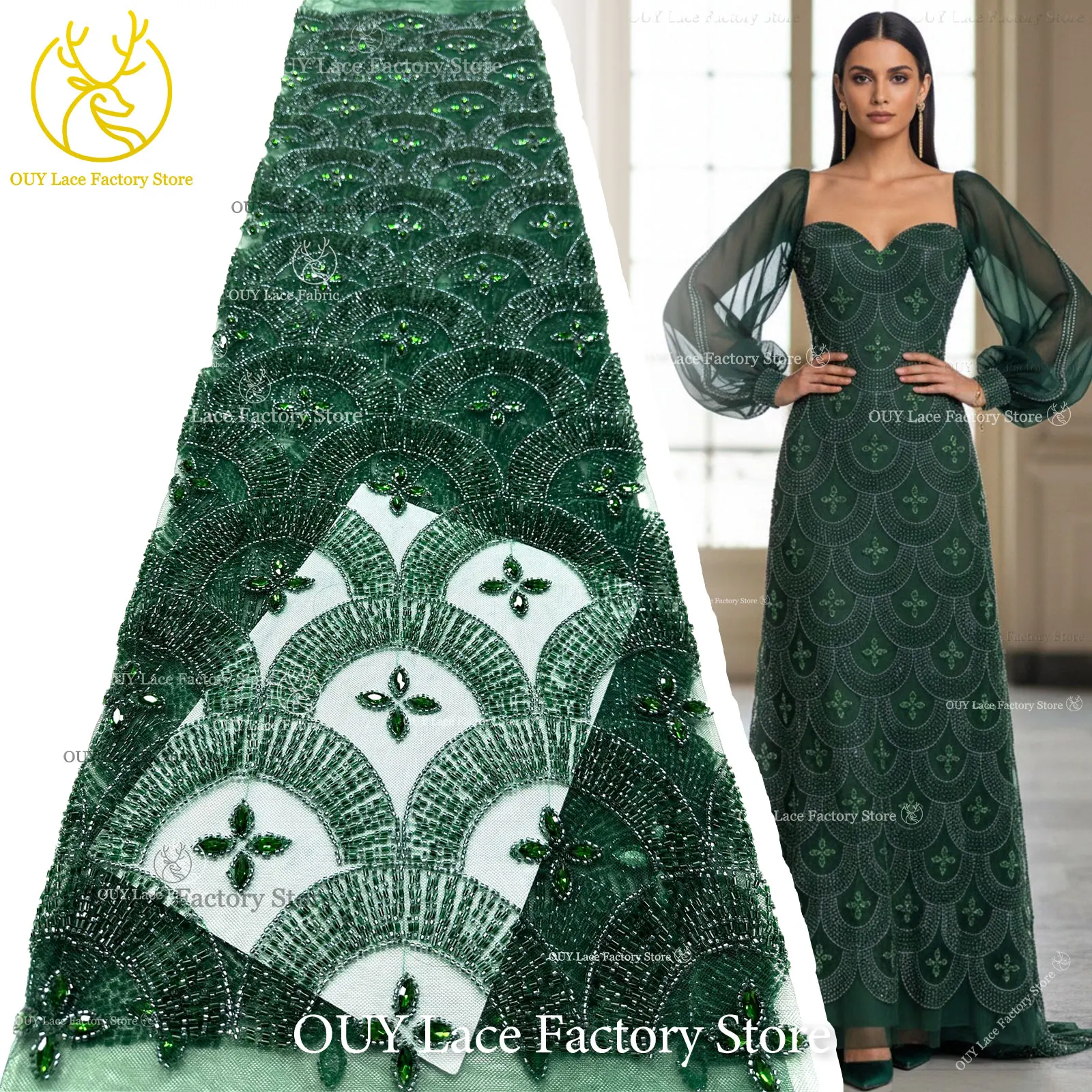 

Emerald Green Luxury Dubai Diamond Beaded Tulle Lace Fabric High Quality African Stone Sequins Lace Fabric Sewing Evening Dress
