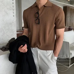 Summer Men's Clothing Retro Knit Lapel Striped Polo Shirt Solid Color Short Sleeve Fashion Light Luxury Popular Knitwear M-3XL