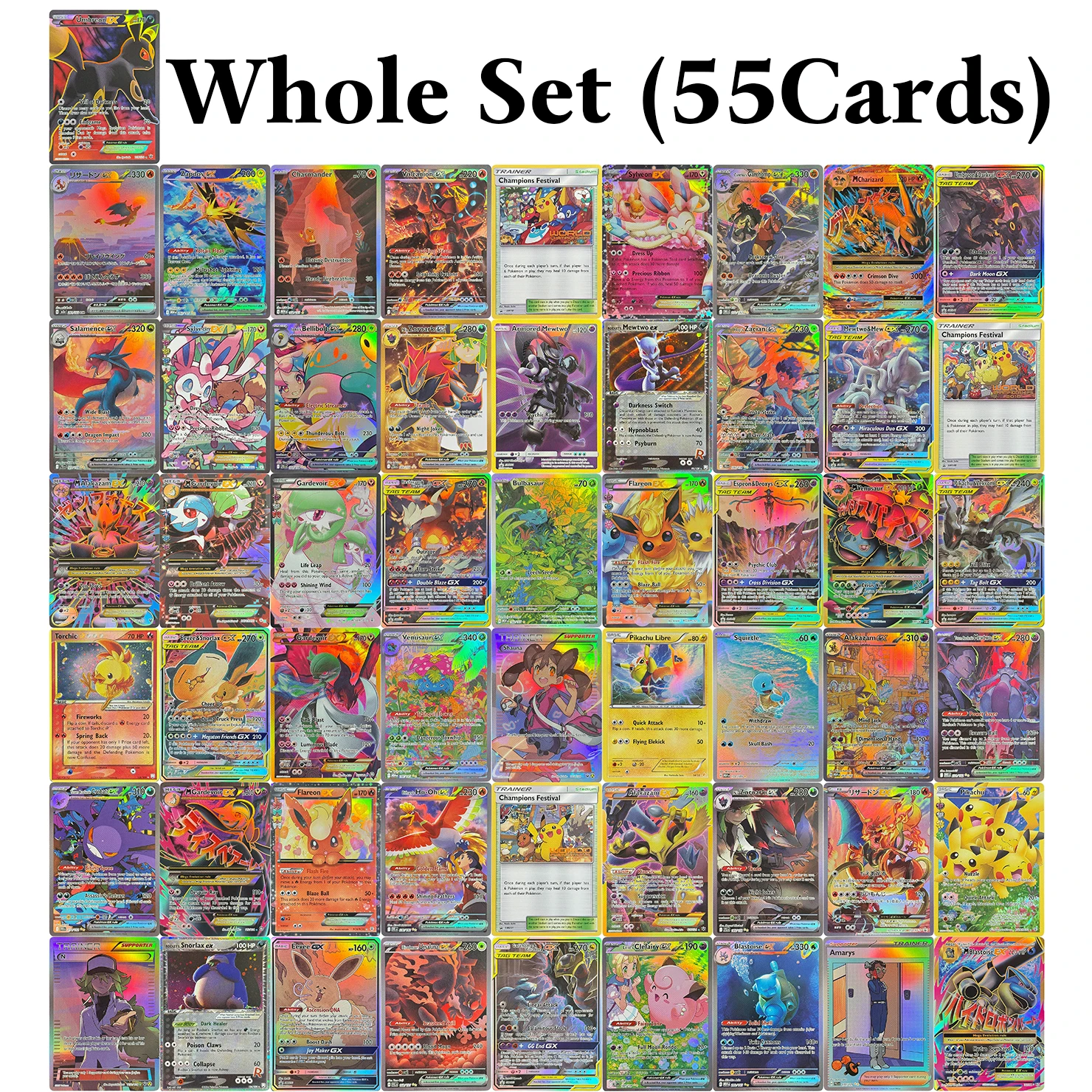 

PTCG Proxy Cards 55Cards/Set Japanese Charizard EX English Eevee Pikachu Sylveon Umbreon M Charizard Trading Gane Card Foil PKM