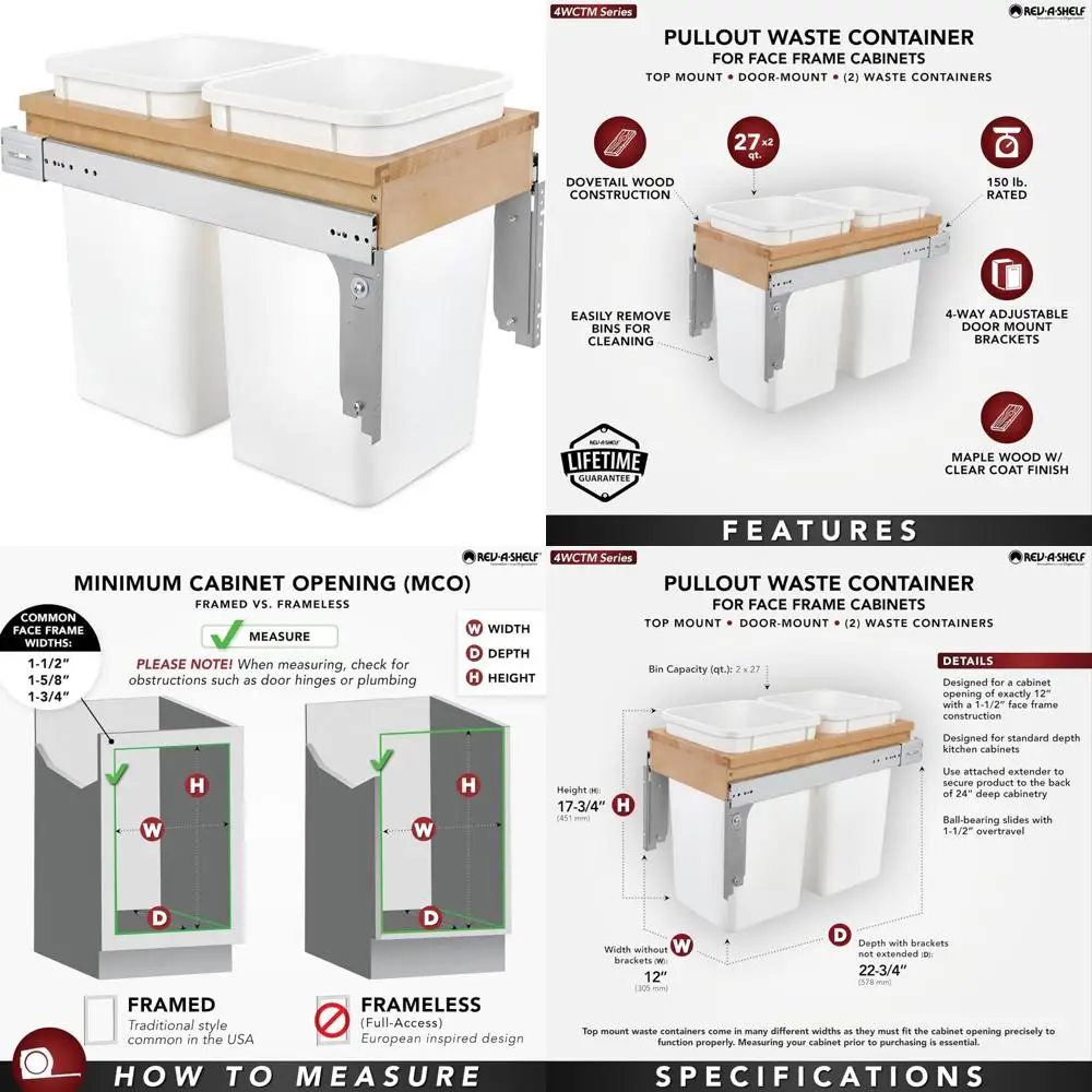 

Double Pullout Under Cabinet Trash Cans with Full-Extension Slides, 27 Quart Capacity, 150 Pound Rating, Kitchen Storage Solutio
