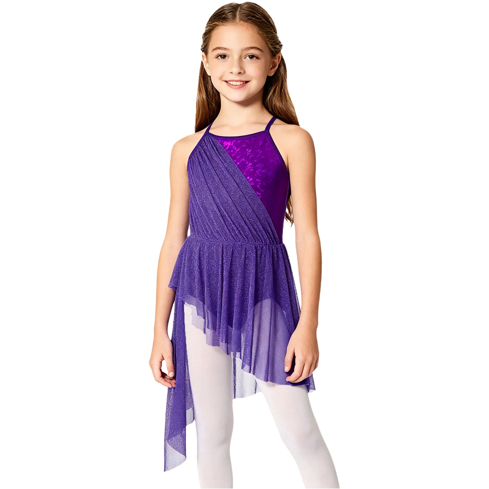 Children Girls Lyrical Dance Dress Ballet Skating Gymnastics Contemporary Dancewear Spaghetti Straps Shimmery Mesh Tutu Leotard - view 3