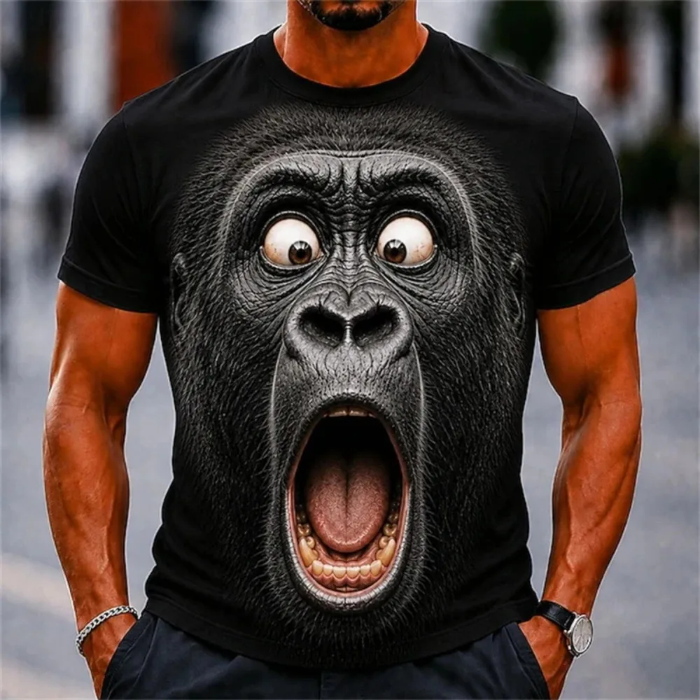 Herren-T-Shirt mit 3D-Druck und Stickerei, Rundhalsausschnitt – Lustige Kuh mit großem Gesicht, realistische Cartoon-Tiermuster, lässiges Party- und Elternhemd – Detail 8
