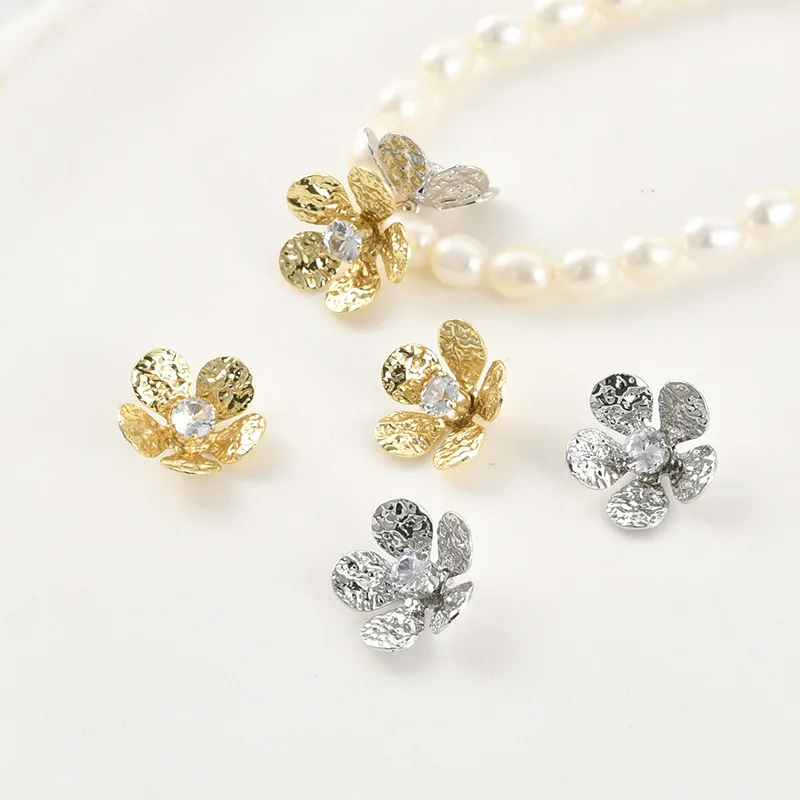 Copper-plated 14k Gold Color Tin Foil Texture Zircon Flower Stud Earrings Pendant DIY Handmade Earrings Necklace Pendant