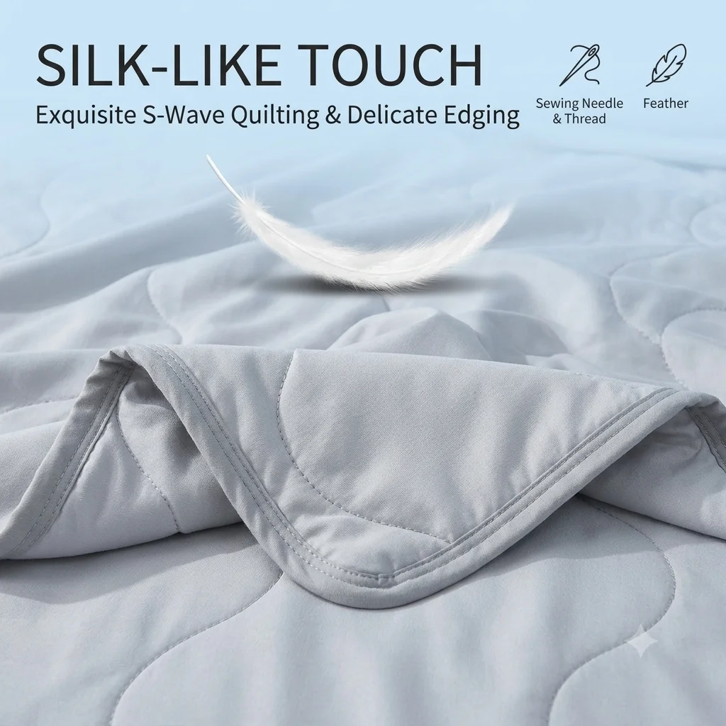 Cooling Summer Quilt Breathable Ice Silk Blanket Soft Lightweight Comforter Wave Quilted Bedspread for Hot Sleepers Night Sweats