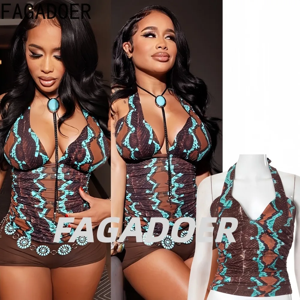 

FAGADOER Fashion Snake Printting Bodycon T-shirt for Women Halter Sleeveless Backless Tshirt Female Streetwear Clothing 2026 New