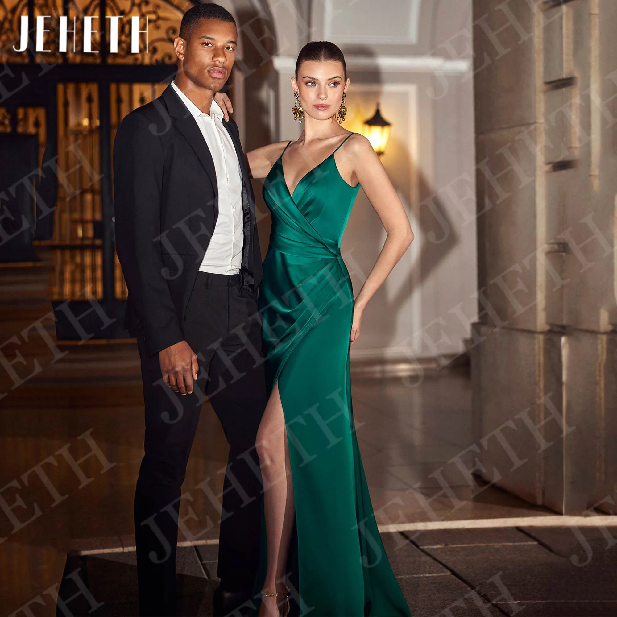 

JEHETH Deep V Neck Evening Dresses Backless Prom Dress Sexy Spaghetti Strap Satin High Slit Party Customized robes de cocktail