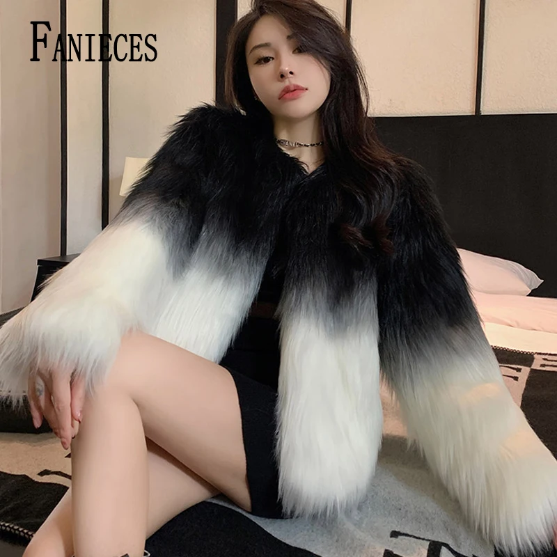 

FANIECES High Quality Luxury Faux Fur Coat Winter Women Fashion Gradient O Neck Long Sleeve Warm Fur Open Stitch Plush Jacket