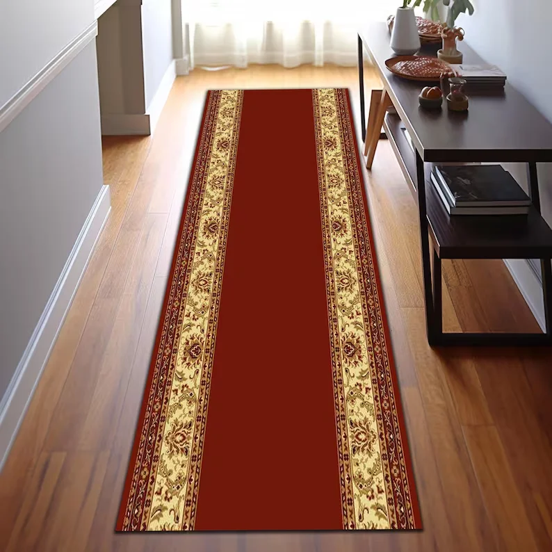 Red Ornate Runner Rug Washable Non Slip Hallway Carpet Protocol Welcome Rug Unlimited Length Unlimited Size Mats