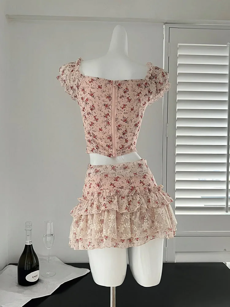 Conjunto de 2 piezas de ropa estética de los años 2000, camisetas de encaje rosa, manga abombada + falda de línea a Floral, estilo bohemio coreano