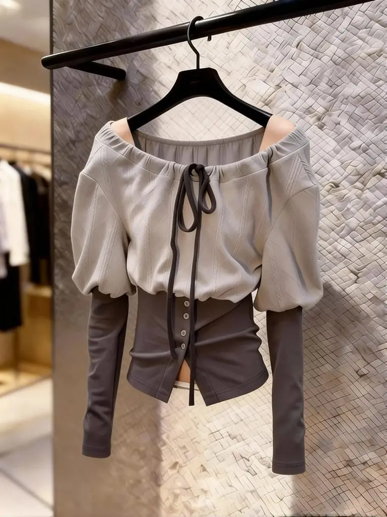 Vintage Button Tunic Long Sleeve Top Women French Elegant Off Shoulder Bow Tied T-Shirt Vintage Patchwork Basic Tees Casual