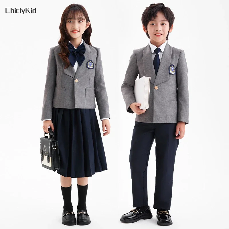 Children School Uniform Girls Korean Japanese Jacket Pleated Middle Skirt Boys Formal Dress Suits Kids Student Clothes Class Set