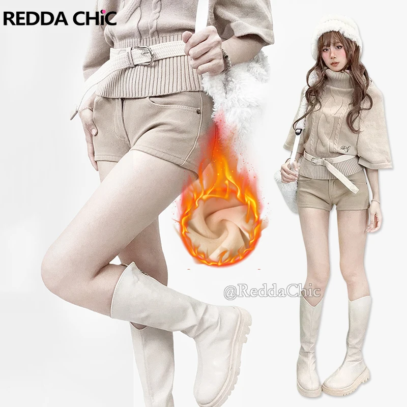 REDDACHiC Fall Winter Thermal Women Jean Shorts Dual Buttons Solid Pockets Skinny Fleece Denim Shorts Casual Vintage Bottoms