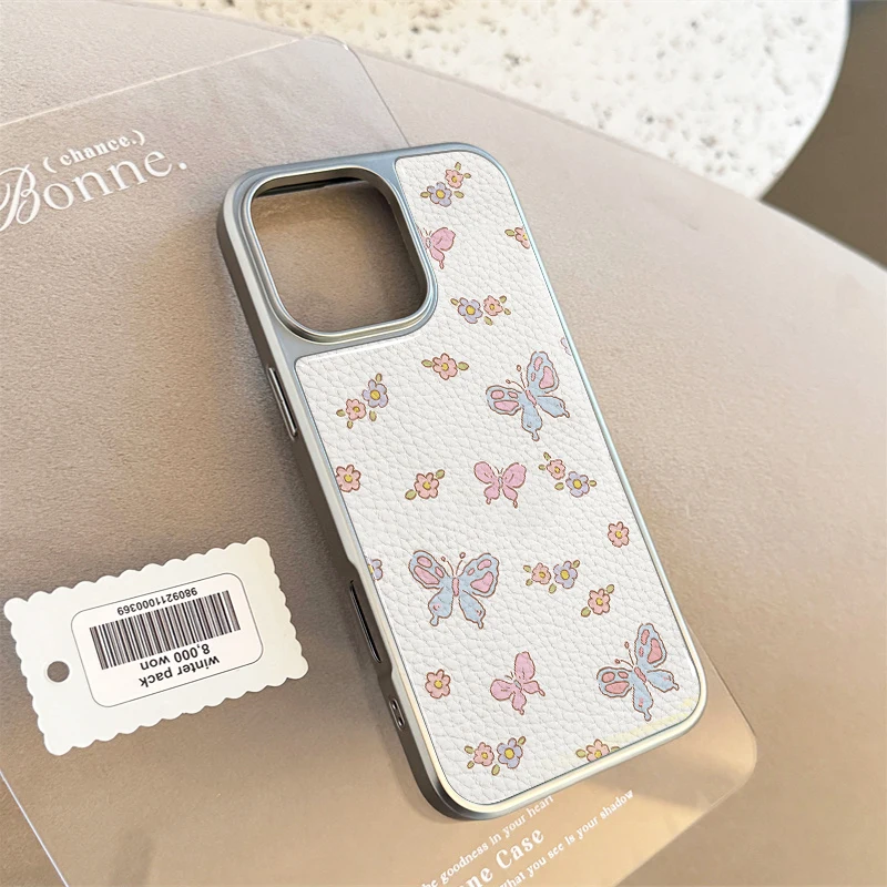 الفراشات والنباتات جراب هاتف آيفون 11/12/13/14/15/16/17 برو ماكس الهواء زائد الايبوكسي جراب هاتف نسيج جلد البولي يوريثان