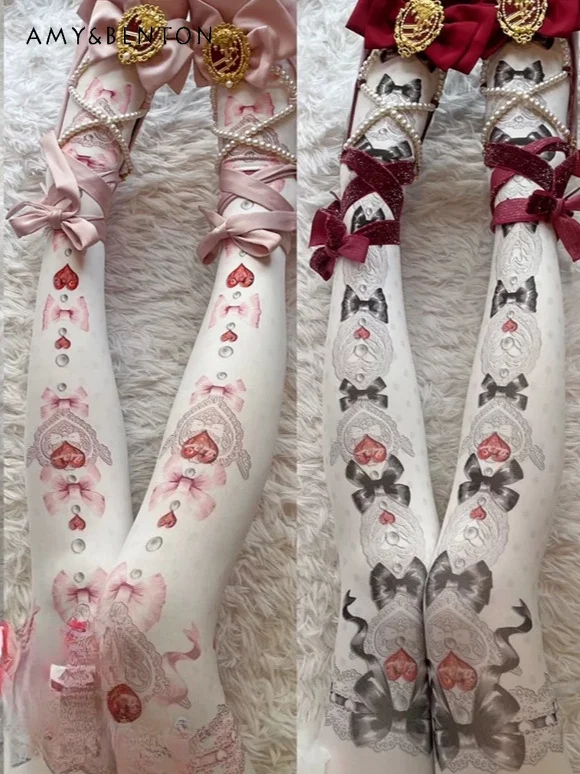 

Sweetheart Girl Lolita Versatile Pantyhose Original Retro Cute Bow Heart Pattern Over Knee Pantyhose Women Cosplay Party Socks