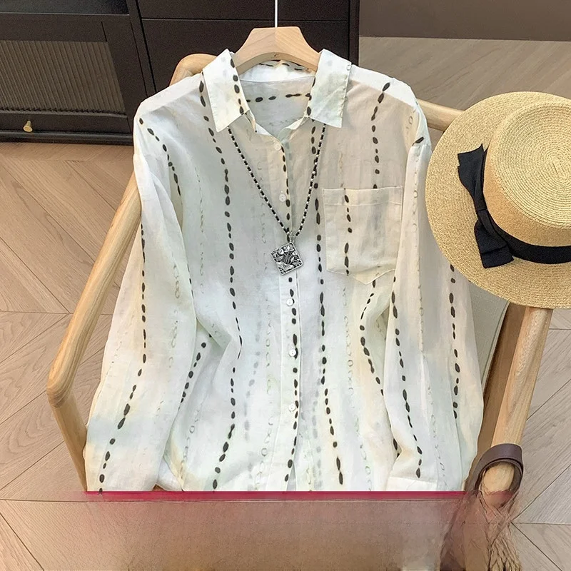 

Весенне-осенняя женская рубашка с длинным рукавом в богемном стиле из хлопка и льна с принтом «Капли воды», повседневная, свободного кроя, дышащая, с защитой от солнца, с открытым воротом...