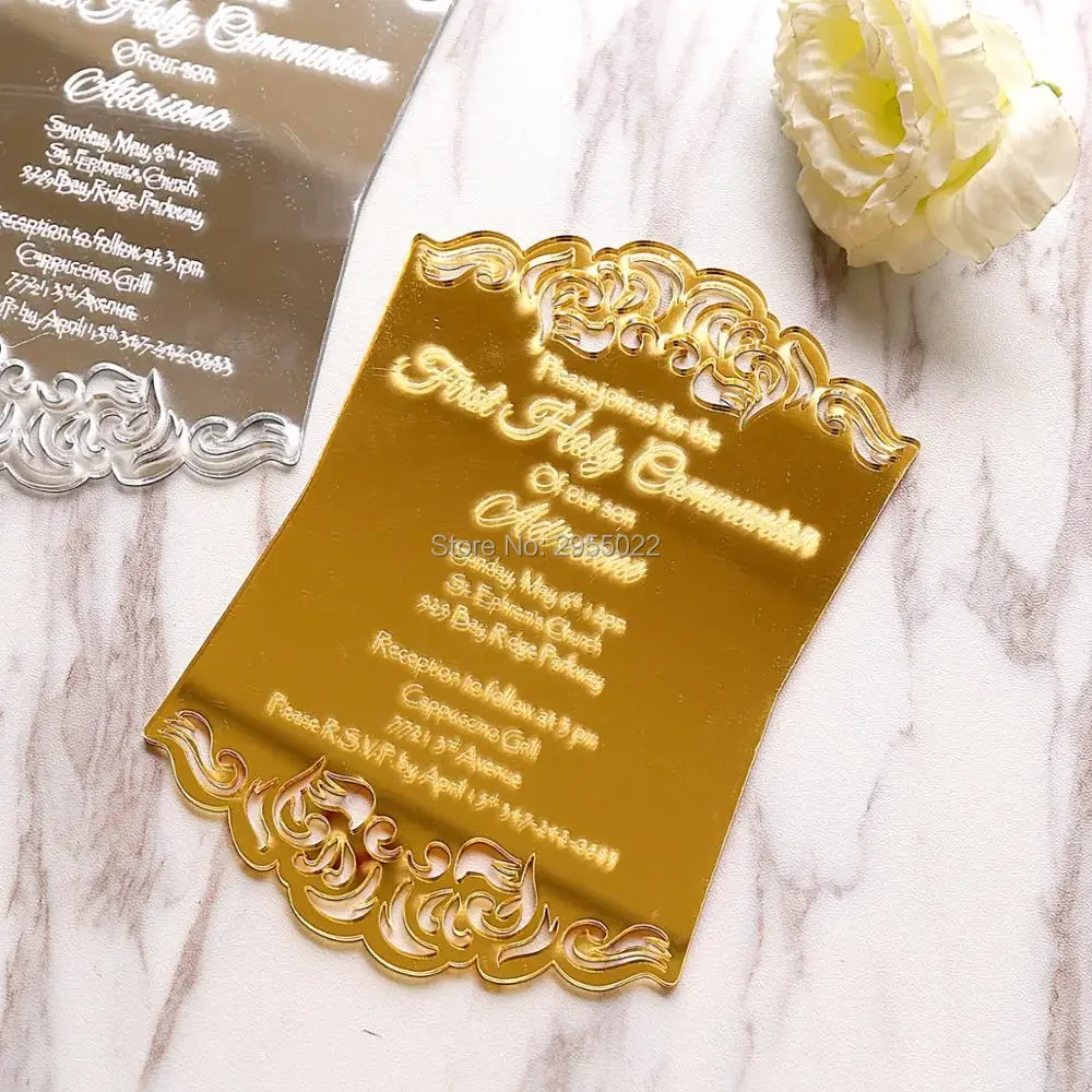 

Laser cut Personalised rose mirror silver acrylic invitation, Luxury Unique Day Invitations, Wedding Invitations