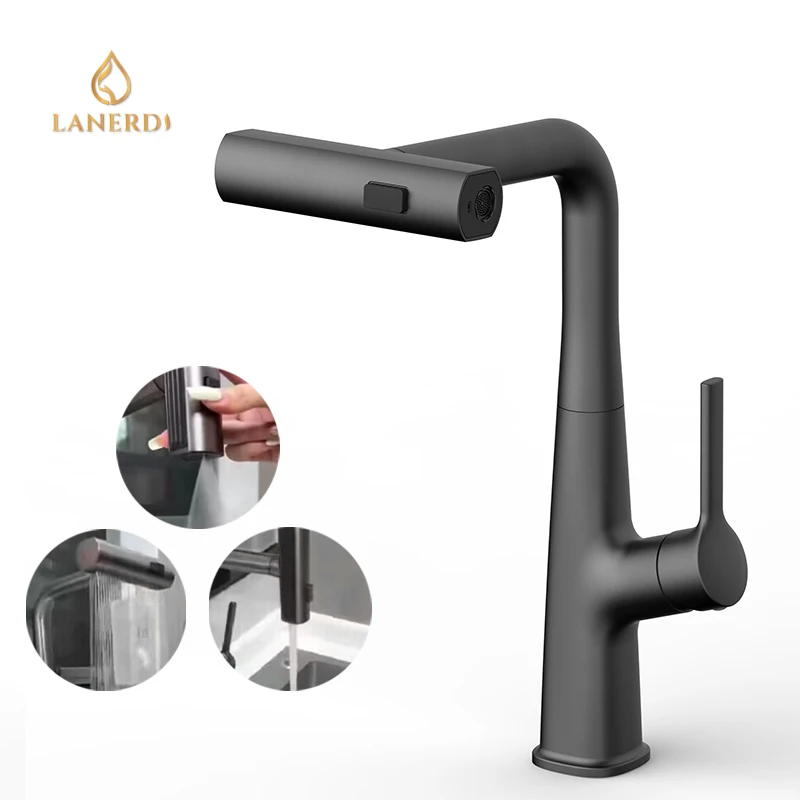 Lanerdi Modern Design Three Function Sprayer Pull Down Kitchen Faucet Brass Kitchen Faucets