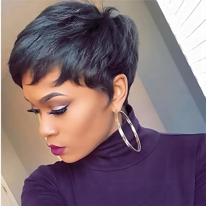 人毛ウィッグ ショート ピクシーカットウィッグ 人毛機械製 ナチュラル ストレート ウィッグ 前髪付き 女性用