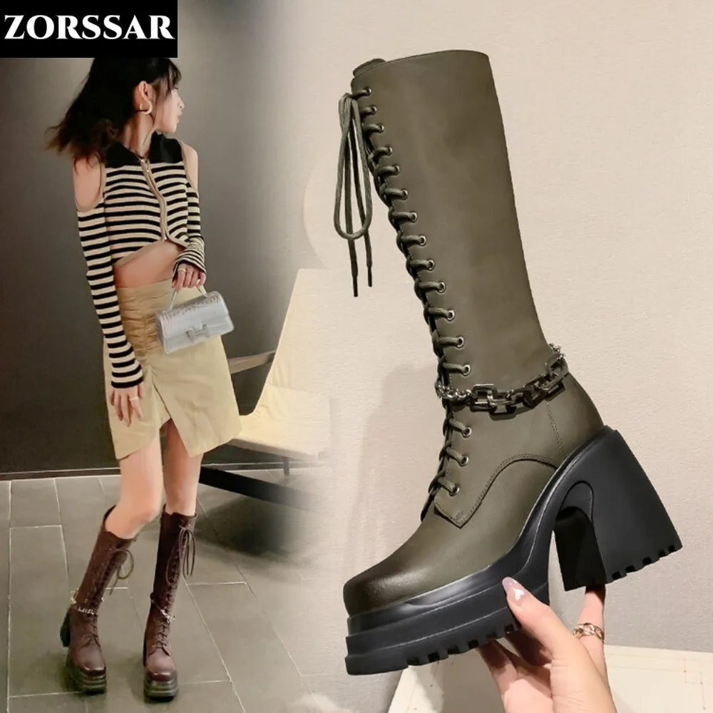 

Woman Boots Knee High Platfrom Chain Spring Summer Knight Combat Gothic Elegant Chunky Heel Women's Shoes Motorcycle Footwear