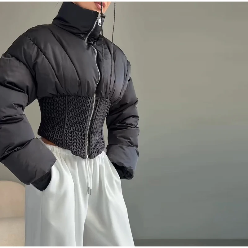 Fashion Solid Padded Coats Women's Stand Collar Full Sleeve Zipper Waist-cinching Warm Jacket 2026 Winter New Lady Outerwear