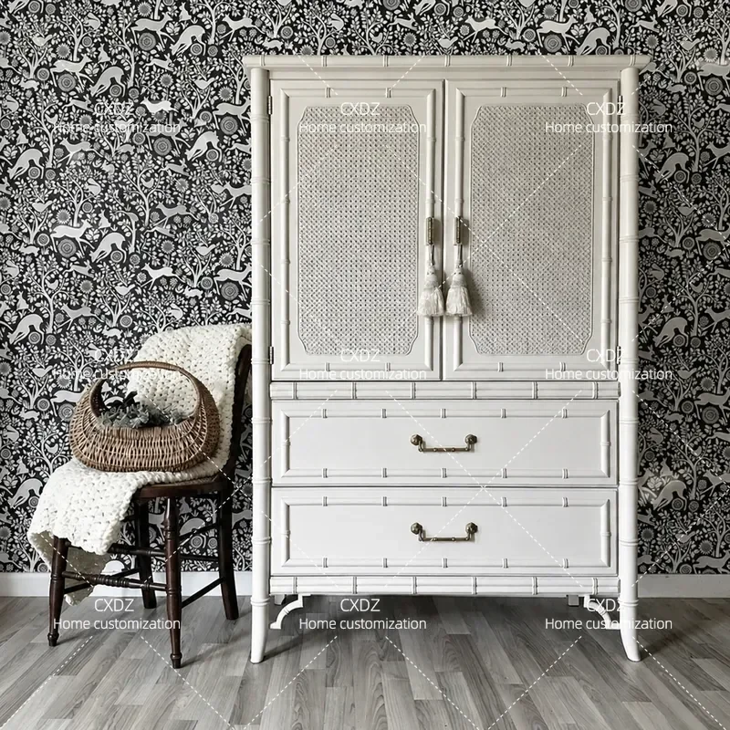 American Solid Wood White Bamboo Pattern Dining Side Cabinet Storage Drawer Retro Furniture Small Apartment Wardrobe