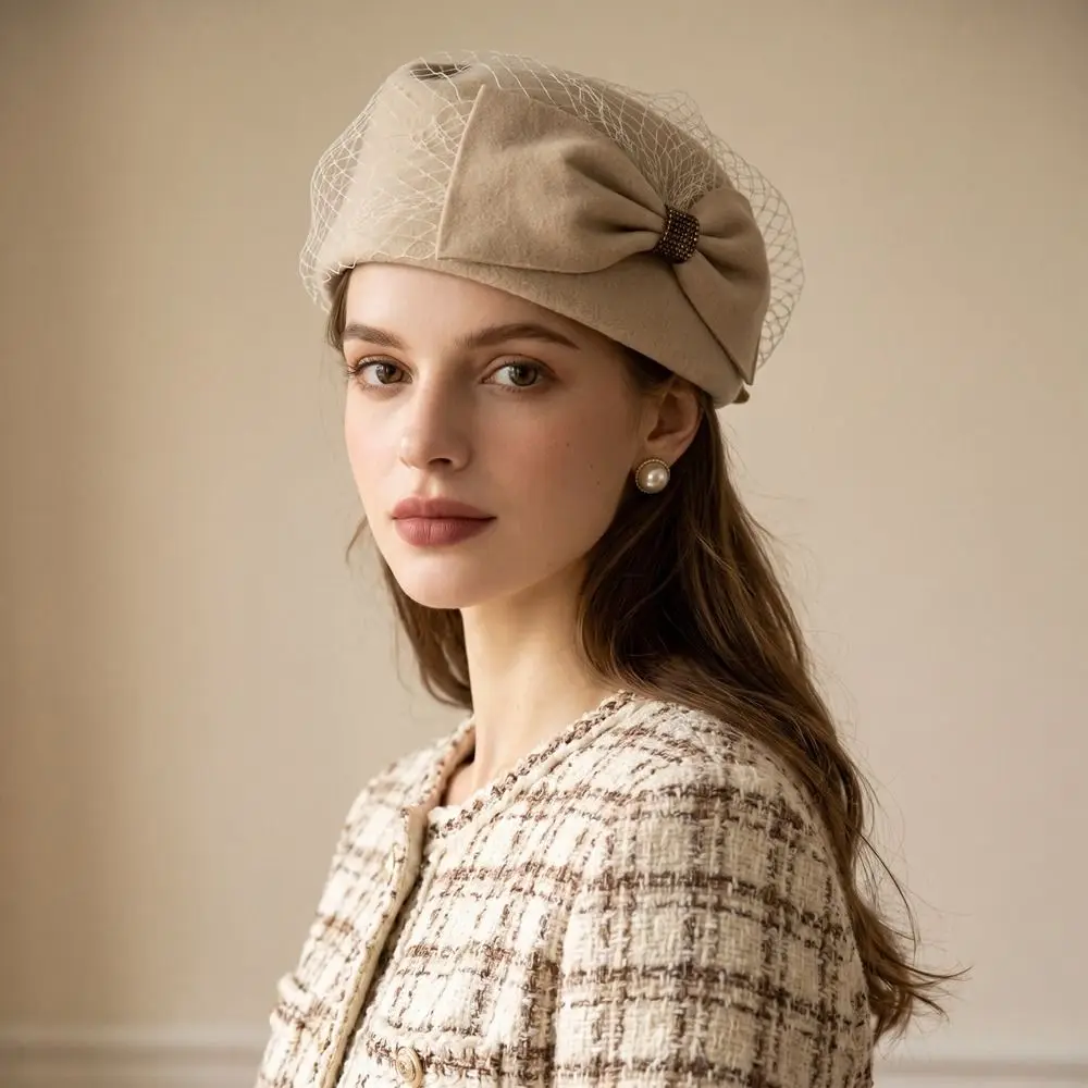 Uniform Stewardess Hat French Style Bow Fedora Hat Elegant Teardrop Mesh Topper Hat Solid Color Fedoras Medicine Box Hat Ball