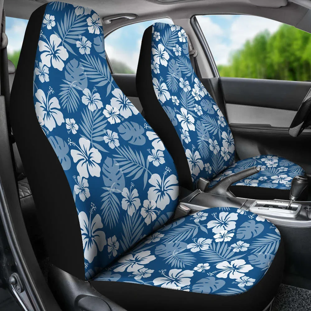 Hibiscus Car Seat Covers In Classic Blue and White Flowers Hawaiian Pa,Pack of 2 Universal Front Seat Protective Cover