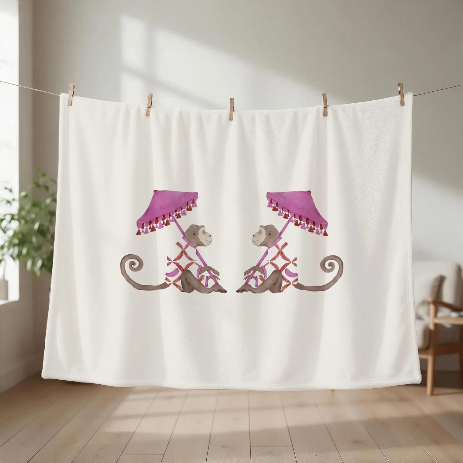 watercolor chinoiserie chic monkey, chinoiserie chic pattern Throw Blanket couch cozy soft plush fuzzy picnic outdoor blanket