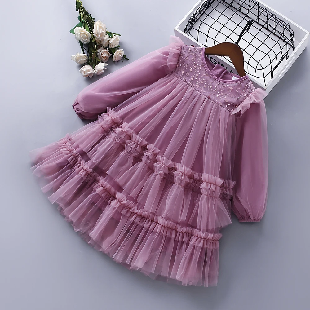 High Quality Spring Autumn Girl Dress New Lace Chiffon Floral Draped Ruched Pink Purple Kid Children Clothing Princess Dress