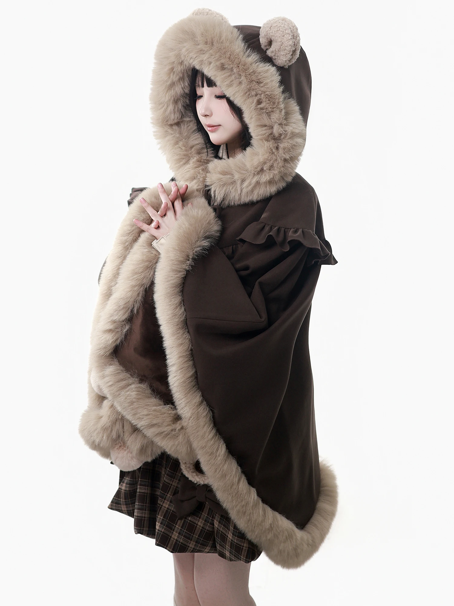 Original College Stil Süße Kühle Mit Kapuze Mantel Schal Herbst Winter Neue Mädchen Lose Capes Langarm-shirt Plaid Strap Rock