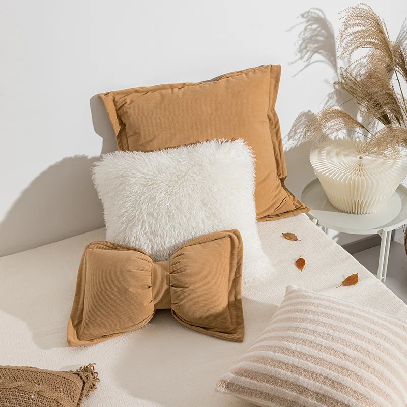 cream white/khaki/coffee color sofa bowknot cushion cover luxury corduroy pillow case plush backrest