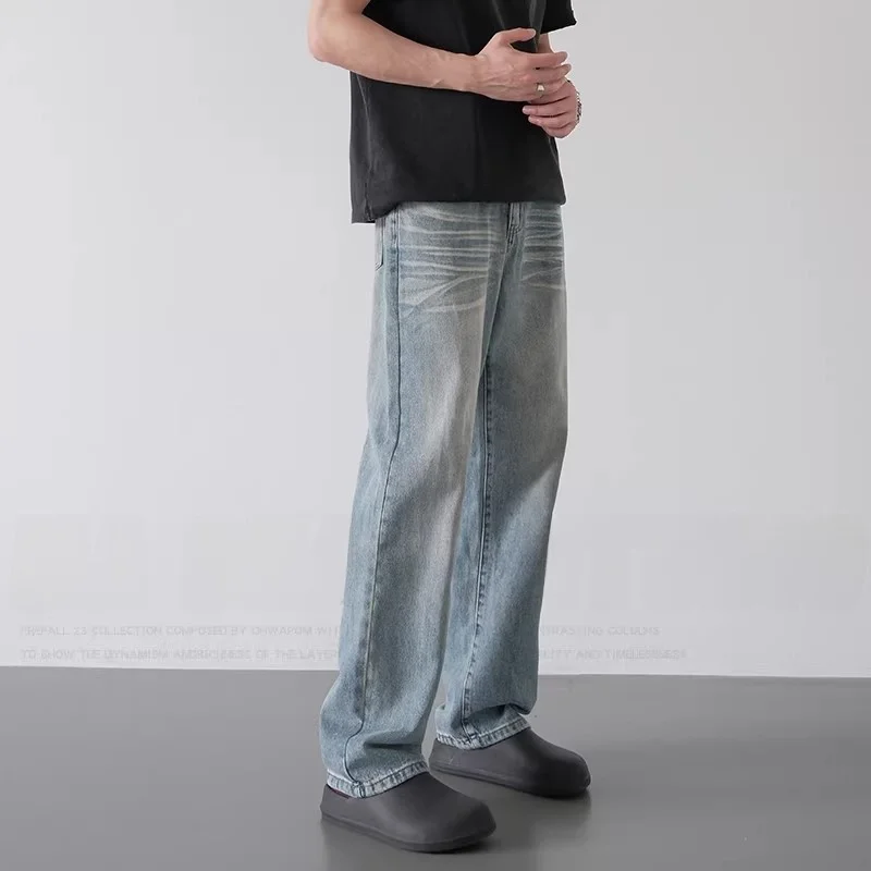 

Retro American Straight Leg Jeans Men's Washed Draped Trendy Brand Long Pants Autumn New Style Classic Blue Denim mid Waist Z...