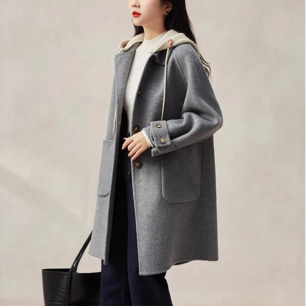 

New Women Double-sided Cashmere Coat Female Solid Long Hooded Single Breasted Warm Woolen Coats Loose Tide Autumn Winter