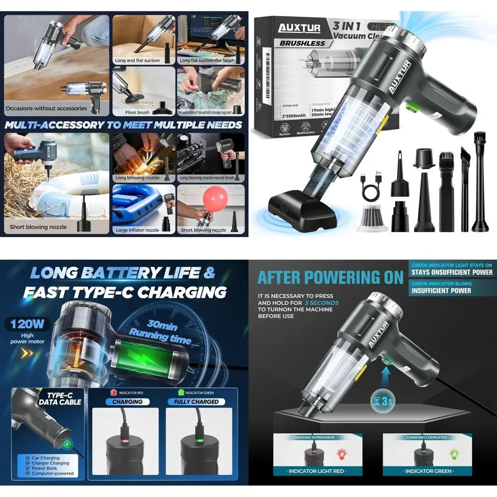 

Cordless 3-in-1 High-Power Car Vacuum Cleaner with 12000PA Suction, Brushless Motor, Portable and Rechargeable