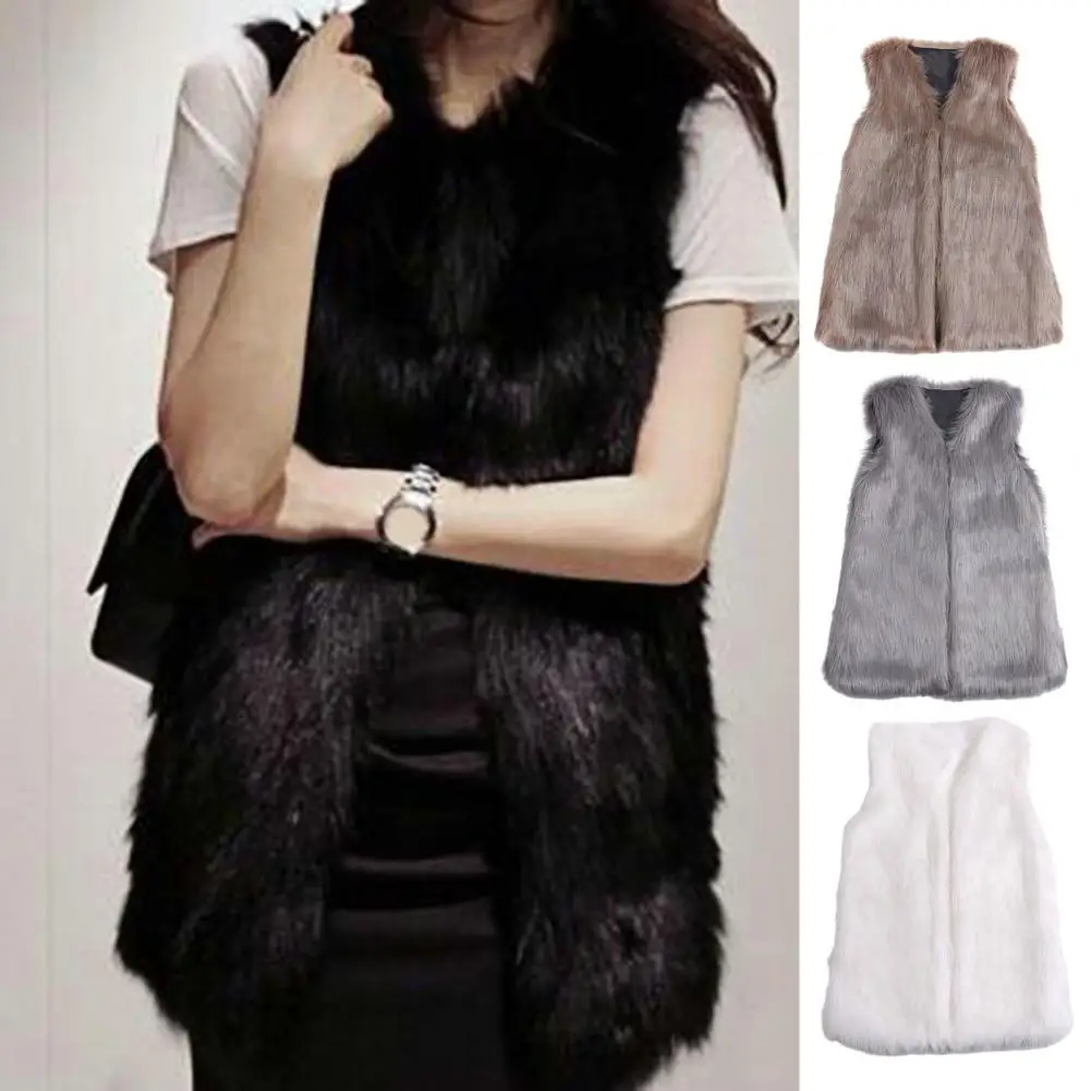 Female Faux Fur Vest Stylish Women\'s Winter V-neck Faux Fur Vest Jacket Sleeveless Solid Color Outerwear for Streetwear for Cold